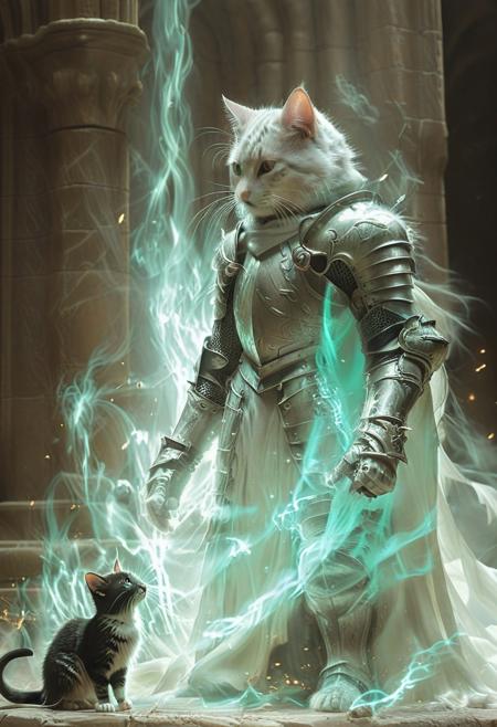 soul knight, tiny mouse wearing fantasy armor and fighting a wizard cat, cute, kawaii, pastel color theme