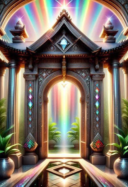 aesthetic, masterpiece, absurdres, realistic, (raw photo:1.3), intricate detail, symmetrical,
temple gate, decorated with diamond shaped flower,   diamonds pillars, walls, plant-life, rainbow light ray,  diamondMW, sparkles, glitter,