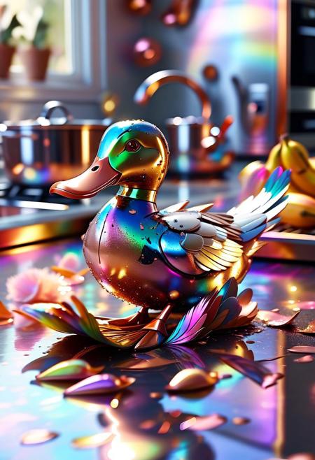 clumsy robotic duck made of l1qu1dp34rl and bouncy rose gold metal, slipping on a rainbow banana peel in a pearlescent kitchen, feathers mid-flop, surreal slapstick shimmer