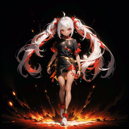 masterpiece, high quality, highres, absurdres, 1girl, sexy, twintails, white hair, red eyes, dark skin, jewelry, dark theme, ((glowing red)), glowing golden, shadows, glimmer, lights, details, background, chii, chistyle, style, closed mouth, full body,  <lora:chiistyle:1>,  <lora:GoodHands-vanilla:1.5>