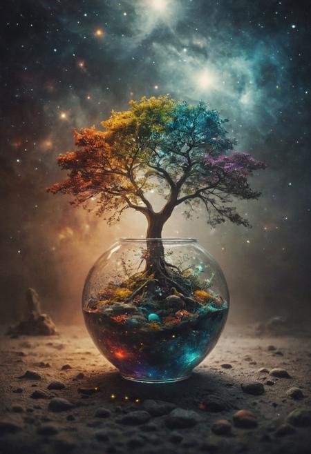 What if there was a solar system inside a large glass vase emanating the bright colors of the galaxy and a incredible tree full of stars around it came out of the vase?
Wide range of colors., Dramatic,Dynamic,Cinematic,Sharp details
Insane quality. Insane resolution. Insane details. Masterpiece. 32k resolution.
<lora:add-detail-xl:0.95> <lora:dvr-lnds-sdxl:0.3> dvr-lnds-sdxl <lora:MJ52:0.25> <lora:ral-apoctvisn-sdxl:0.3> ral-apoctvisn <lora:zavy-cntrst-sdxl:0.35> dark, chiaroscuro, low-key <lora:zavy-rmlght-sdxl:0.41> zavy-rmlght <lora:SDXLFaeTastic2400:0.225>