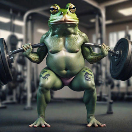 A strong frog with her own image tattooed on chest lifts weights easily in a gym full of other animal bodybuilders,(8k, RAW photo, best quality, Masterpiece:1.2), (realistic, photo-realistic:1.37), full body, exercise background.