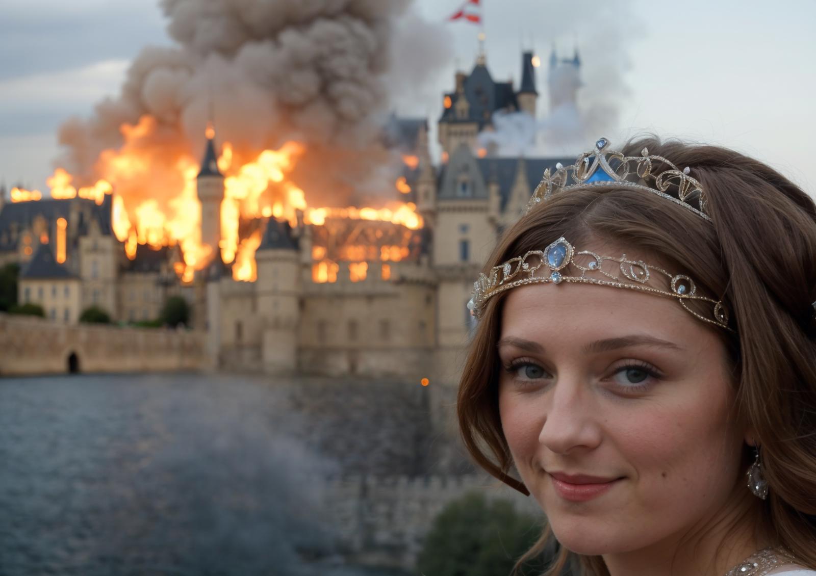 A young woman with a crown is posing in front of a large castle, which is on fire.