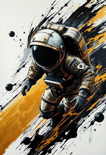 A hyper-stylistic, extremely detailed image depicts a breathtaking painting, crafted from a combination of smeared black and gold metallic paint. An astronaut is captured in a streaked motion, as if it is moving rapidly in one direction. The black paint is applied in bold, dynamic strokes, creating a sense of energy and movement that is contrasted beautifully by the golden accents. The gold paint is used to highlight the astronauts features, adding a sense of depth and dimensionality to the image. The overall effect is one of breathtaking, surreal dynamism, as if the viewer has captured a fleeting moment in time. Every detail of the image is meticulously crafted, from the delicate, swirling patterns of the gold paint to the intricate, textured patterns of the black paint. The contrasts between light and dark, color and texture, create a sense of tension and energy that draws the viewer in, inviting them to explore the kinetic world of the painting. highest-Quality, intricate details, visually stunning, Masterpiece