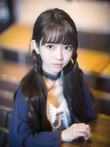 best quality, (photorealistic:1.4), 1girl, solo, shiny skin, detailed face, face focus, standing, black hair,(hair ornament:1.35), twin tails, wide sleeves, (looking at viewer:1.5) long hair, black eyes, bangs, underwear, lips, school uniform,nose