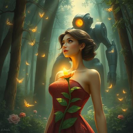 MAGICAL FOREST, LITTLE FIREFLIES FLYING, GIANT ROBOT DESTROYED, FLOWER GROWING ON HER CHEST