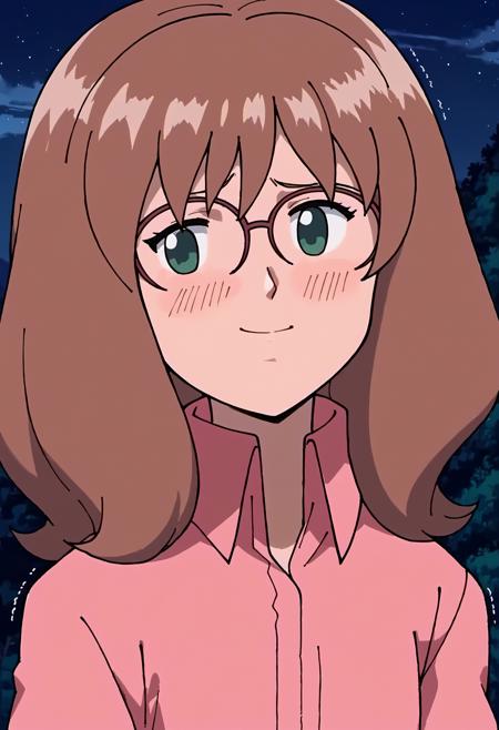 SharlaMWS 1girl, sharla \(mujin wakusei survive\), green eyes, glasses, brown hair, medium hair, bangs, solo, small breast