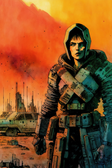 1 woman ,science fiction, complex background   futuristic, post-apocalyptic
dark, dim light
(  ink sketch by Enki Bilal)((masterpiece, best quality, )),