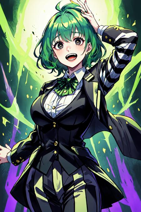 Beetlejuice Slime Tutorial,  Beetlejuice,  Alex Brightman,  1girl,  black eyes,  green hair,  female focus,  large breasts,  formal,  suit,  striped suit,  open mouth,  solo,  teeth, <lora:EMS-49369-EMS:0.600000>