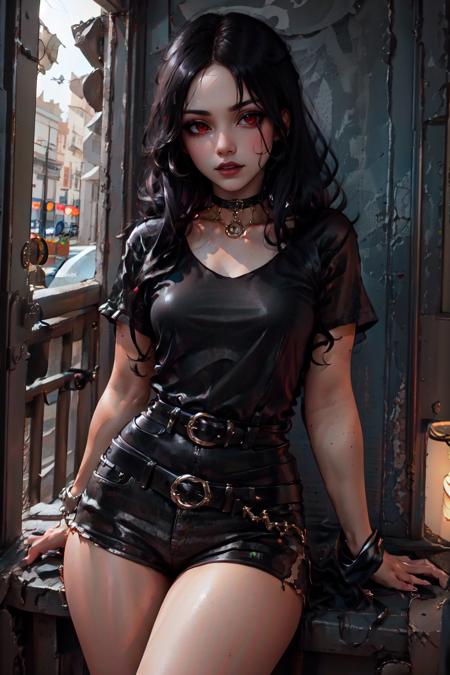 Highly detailed, High Quality, Masterpiece, beautiful, solo, 1girl, nevin, red eyes, <lora:Nevin:0.8>, goth makeup, goth girl, black lipstick, sexy, dark eyeshadow, black hair, <lora:Char_Goth_GothGirl:0.75>