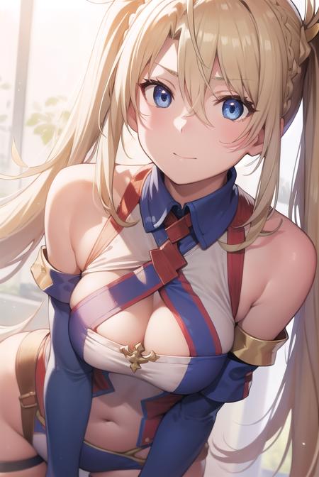 bradamante, blonde hair, blue eyes, braid, french braid, long hair, twintails, two side up, covered navel, elbow gloves, gloves, leotard, thigh strap,