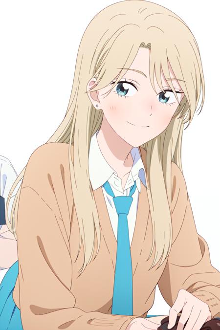 best anatomy, detailed eyes, perfect eyes, yuzukiv1, long hair, grey eyes, 1girl, solo, looking at viewer, smile, blue eyes, skirt, blonde hair, simple background, shirt, long sleeves, white background, school uniform,  white shirt, pleated skirt, necktie, shoes, socks, collared shirt, blue skirt, kneehighs, brown footwear, cardigan, red necktie, black socks, loafers, upper body, portrait, Kneeling with head thrown back, <lora:YuzukiV1:0.9>