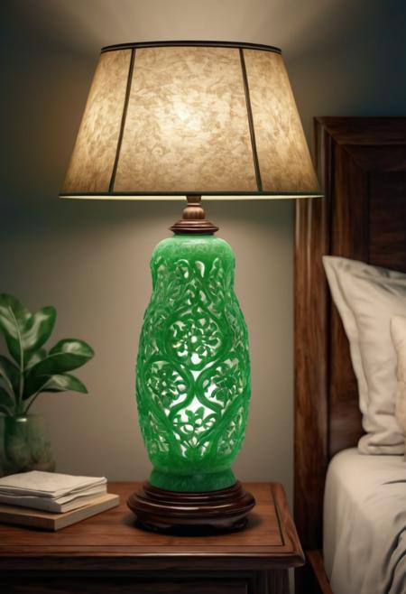 A beautifully carved green jade lamp with intricate floral patterns, placed on a wooden bedside table, casting a warm glow over a cozy bedroom with soft linen sheets, photorealistic, ultra-detailed, 4K resolution.<lora:Obsidian_Jade_Style:0.8>