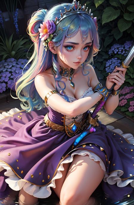 sparkle, close up, princess with weapon, garden, beautiful detailed water, piercing eyes, (rainbow hair:1.1)