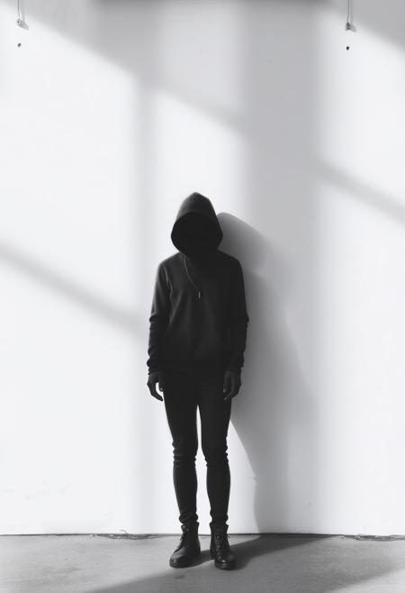 A minimalist charcoal drawing made entirely of soft shadows: a solitary figure standing against a blank wall, their face veiled in smooth gradient shading. The figure’s silhouette is stylized with bold, flowing lines, echoing stencil-like street art. Shadow and space merge into a haunting, isolated atmosphere, evoking inner quiet and psychological tension. natural style