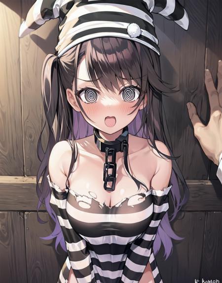 <lora:pamiat_merkuria_v1.1:0.8>,pamiat_merkuria\(azur lane\),one_side_up,brown hair,red eyes, chain, striped_headwear,  cuffs, prison_clothes, torn_clothes, surprised, 1girl and 1boy, kabedon pov, <lora:kabedon_pov:1>, <lora:grgr-eye1:1>,from above, pov hands,, masterpiece, best quality, extremely detailed face, sharp details, high contrast,