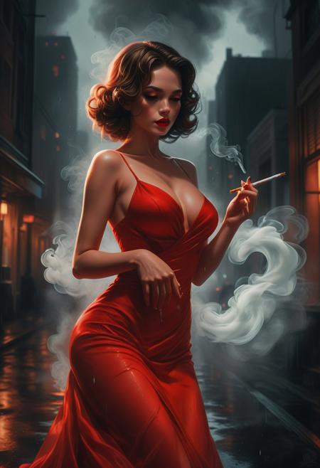reedyart, anime, drawn, detailed, (Noir, cinematic lighting, moody contrast, soft smoke effects) — A stunning woman in an elegant red dress leans forward slightly, offering a cigarette with a subtle smirk. Her wavy dark hair frames her face, and her eyes, half-hidden in shadows, catch the faint glow of neon reflections. A soft light highlights the rich texture of her silk gloves as she holds the cigarette between her fingers. Swirling smoke curls around her, blending into the dim, rain-soaked cityscape behind her. The shot is a close-up, slightly low angle, emphasizing her presence, with a hazy, dreamlike atmosphere that makes her feel both distant and magnetic.