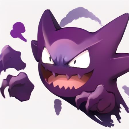 haunter, black, solo, smile, open mouth, laughing, ^_^, black eyes, pokemon (creature), no humans, fangs