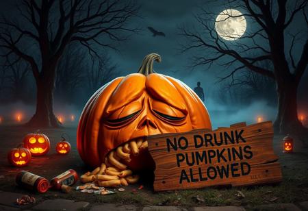 “Enormous orange pumpkin with a tired, worn-out expression, sitting on the ground as it vomits its own pumpkin guts. Empty beer bottles scattered around, as if it just had a long night of drinking. Surrounding the pumpkin are spooky Halloween elements: glowing jack-o’-lanterns, eerie fog creeping along the ground, flickering candles inside skull-shaped lanterns, and a few scattered candy wrappers. A full moon casts a dim light over the scene, with creepy shadows from nearby trees and faint ghostly figures in the distance. In front of the pumpkin, a decayed, broken wooden sign with deep engravings reads ‘NO DRUNK PUMPKINS ALLOWED,’ adding a darkly humorous touch to the eerie atmosphere.”