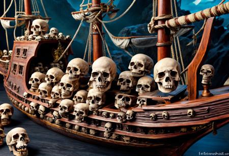 dark fantasy, unusual color, a fantastic pirate ship cover of skulls,, shallow depth of focus,,epiCPhoto, flux-style