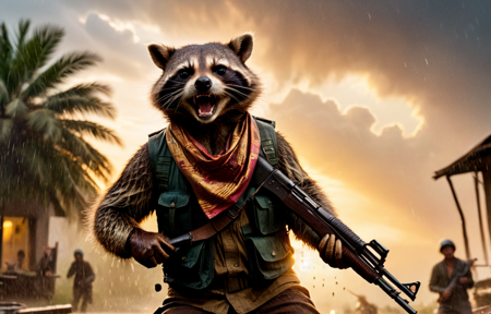 (foreshortening:1.3), Dutch angle, near death experience, emotional, motion blur, epic fight, heavy rain, Vietnamese guerilla racoon wearing kerchief, holding ak47, war cry, sunset, anamorphic bokeh, masterpiece shot by Christopher Nolan, action, <lora:xl_real_beta1:0.55>  , <lora:!action-sdxl-V0.5:0.75>  , <lora:add-detail-xl:0.5>