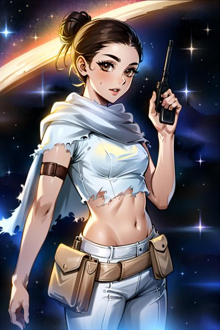 padme sd, looking at viewer,hair bun, small breasts,  brown hair, brown eyes, white outfit , white cape, midriff , torn clothing,gun, handgun, energy gun, space,star \(sky\),galaxy,pouch,holster,    <lora:padme sd -000009:0.7>,