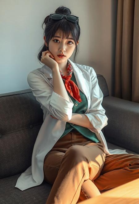 DLSR photograph, slender, beautiful  26 year old korean model . Pale skin, 
lighting<lora:MoriiMee_Gothic_Niji_Style_FLUX:0.3500000000000001> <lora:AsirAsianPhotographyflux:0.7000000000000002>
score_9, score_8_up, score_7_up, source_anime, solo, 1girl, ema skye, annoyed expression, rolling eyes, looking at viewer, sitting, couch, half updo, sunglasses, eyewear on head, white lab coat, sleeves rolled up, green vest, red neckerchief, brown pants, blue eyes, indoors, living room
