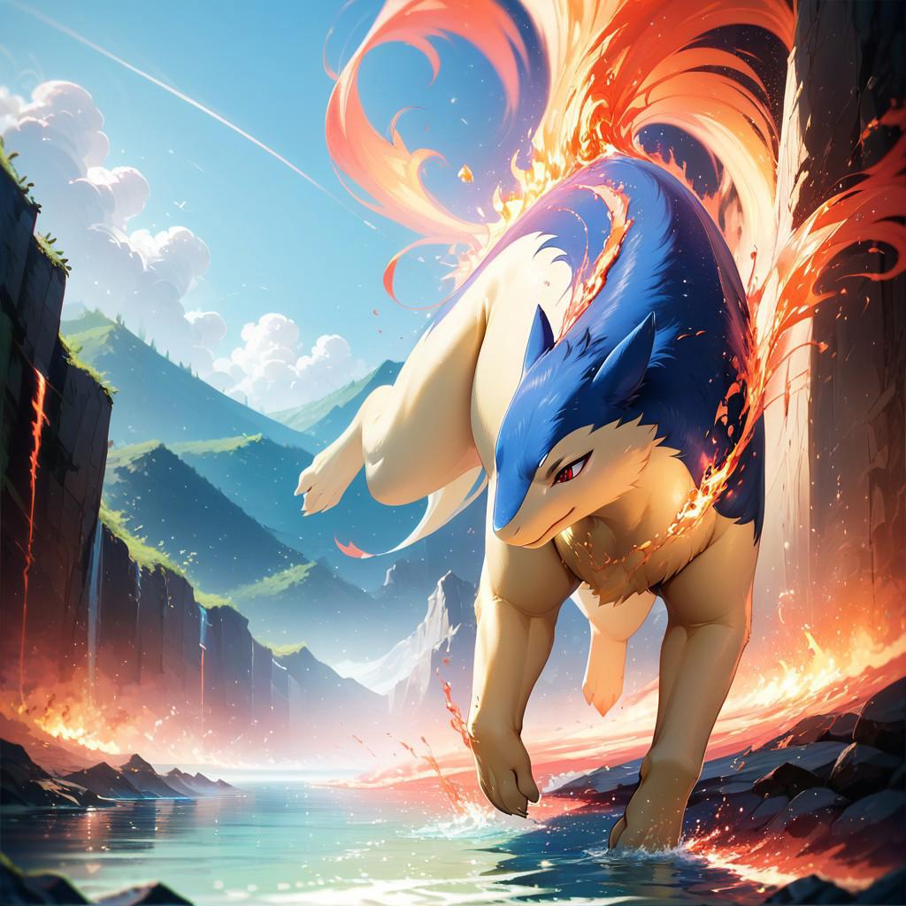 score_9, score_8_up, score_8, 
BREAK,
teru sakura, typhlosion, fire, closed mouth, outdoors, day, blurry,  full body, lava, 
zPDXL,