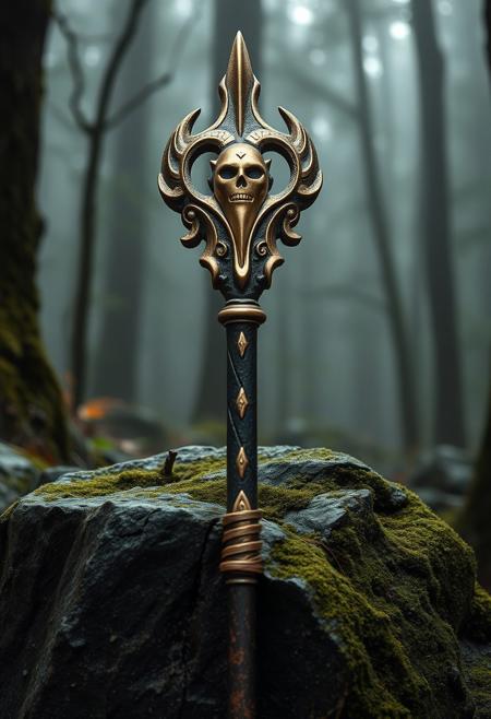 A hyper-realistic portrait, photorealistic photo close-up image of a magical bronze sculpture of a gpu graphics card headed staff gleaming with magic power leaning against a moss-covered stone in a dense, misty forest. the mage staff is weathered, with worn leather and gold on the handle, but gleams with a fierce history. Ultra sharp detail, flawless composition, muted natural colors, High Definition HD, ancient warrior aesthetic, cinematic lighting, perfect outdoor realism, bokeh.(photography, high-resolution, dynamic, energetic, hyper-realistic, dramatic lighting, shallow depth of field.),
