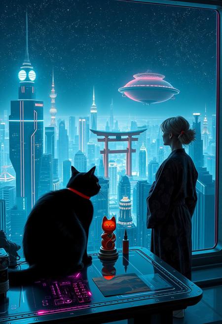 A sleek black cat with red collar sits on a cluttered metal riveted desk with transparent top and rgb led computer components visible inside, On the desk are a maneki neko statue and a lava lamp, the Black Cat is looking out of a seamless and futuristic floor to ceiling window that looks out at thousands of enormous wide and tall futuristic skyscrapers from a large window in a descending spaceship, a beautiful woman, 24 years old, is standing next to the cat looking out at the enormous city at night, filled with buildings of many shapes and sizes, some over a mile tall))), the woman is dressed in an ornate Japanese style bath robe. An enormous deco starship with futuristic lighting and design is visible high above the city, and a space station is visible in the background among the stars, The woman's hair is messy from just waking up and tied up with a ribbon. Artistic cyberpunk, dynamic perspective, (((overall architectural aesthetic is Art Deco Cyberpunk))).  (((A large futuristic building shaped like a torii gate stands among the enormous tokyo structures,)))