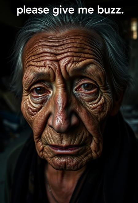 An elderly woman with deeply wrinkled, weathered skin is captured in a close-up using a 50mm Panavision Prime lens, showcasing every fine detail of her face. The dramatic lighting casts harsh shadows across her features, emphasizing her sorrow and exhaustion. Her eyes, filled with years of suffering, are framed by darkness, further heightening the emotional weight of the scene. The background is softly blurred but suggests a decaying, slum-like environment with crumbling walls and scattered debris. The lighting intensifies the mood, highlighting the contrast between light and shadow on her skin. At the top of the image, a subtle yet impactful text reads: ‘please give me buzz,’ adding irony to the somber tone of the scene