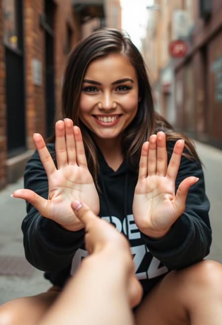 Young Woman smiling with spread hands towards viewer palms up as if to recieve something on hand, sitting in the alley, wearing black hoodie with text "Need BUZZ" and yellow lightning bolt logo, blurry city background, makeup, mascara, eyeliner