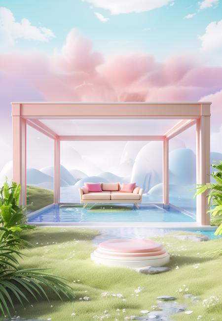 masterpiece, best quality,3ddianshang\(style\), no humans,  day, scenery, sky, grass,leaf, cloud, outdoors, flower, table, blue sky, sofa,a living room,cup, mountain,streamï¼ <lora:3Dçµåæ¨¡åV1_v1.0:0.7> <lora:æ¢¦å¹»3Dåºæ¯_v1.0:1>