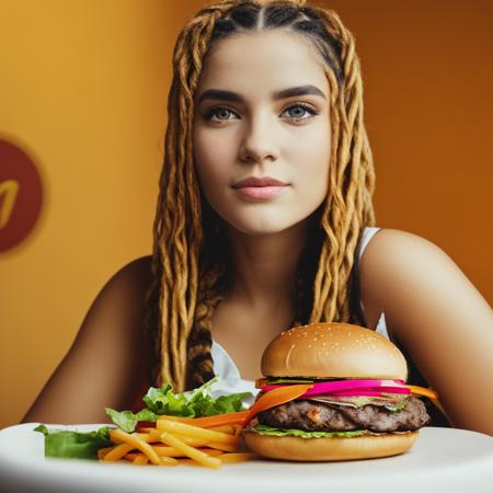 a woman ((sitting at a table about to eat a burger)), braided hair, mcdonalds background, inside mcdonalds