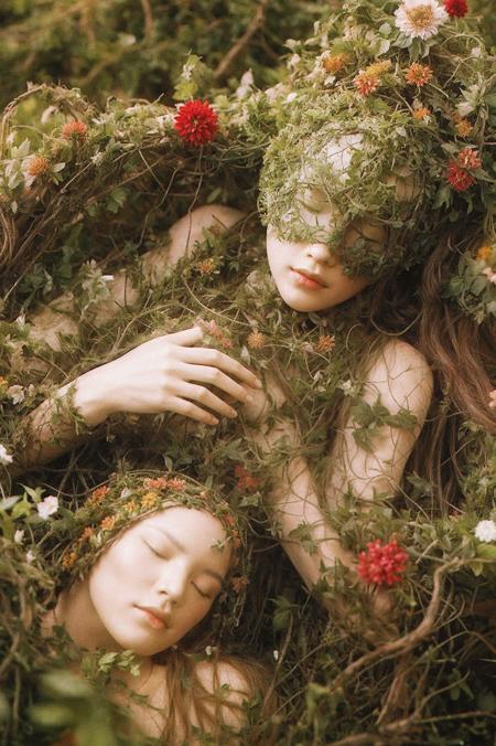 a statue of a person covered in vines in a field, occult dream, made of wildflowers, posing in disguise among, oddly familiar, dream creature costumes, unsettling image, film grain