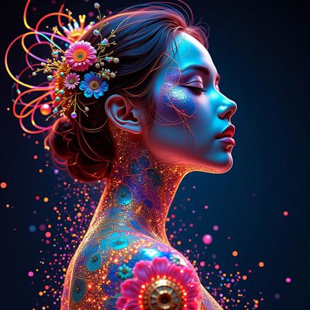 Award-winning wallpaper, masterpiece, neon splash art a beautiful oriental female fallen  angel, beautiful lighting, modest clothing