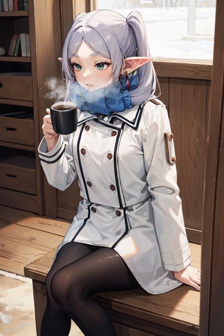 masterpiece, best quality, absurdres, perfect anatomy, FrierenWinter, twintails, earrings, blue scarf, white coat, black pantyhose, winter, sitting, indoors, hot coffee, steam, <lora:Frieren:1>