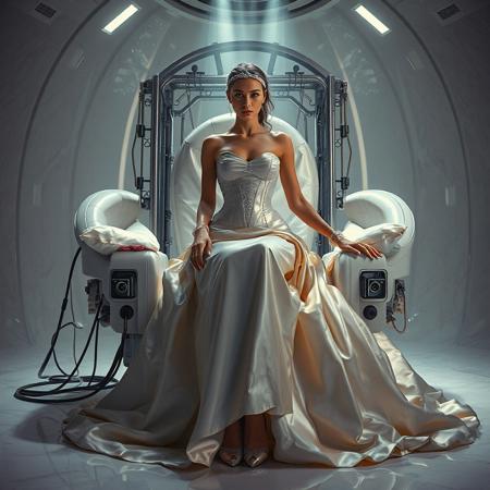 A slender, arrogant bride, dressed in a luxurious, rich fantasy satin wedding gown with a fitted, boned corset and a full, flared skirt, paired with satin high heels, orgasm face encased in beam of light from celling. The brainwashing headband,  connected to a  futuristic superconputer rack. Her hands and ankles are bound to a biomechanical white chair, adorned with wet-look glossy pearl pillows, by massive steel restraints, accentuating her ultra-thin waist. she is drugged from standing drop counter with weird medicine. The scene is set in a sterile, empty chamber, with a glossy mother-of-pearl finish, evoking a sense of futuristic dread. Inspired by the cinematic styles of Ridley Scott, Guillermo del Toro, and H.R. Giger, with a blend of sci-fi and horror elements, this full-body portrait is a masterpiece of cinematic storytelling, shot on a virtual v-raptor XL camera, with a warm, film-grained aesthetic, subtle vignette, and rich color grading, reminiscent of 35mm film, with dramatic, atmospheric lighting, inviting the viewer to immerse themselves in this epic, stunning scene.