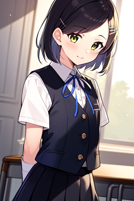 kuroshiokainiKC, short hair, shirt, gloves, ribbon, school uniform, white shirt, short sleeves, hairclip, white gloves, vest, neck ribbon, blue ribbon, black vest, black skirt,bike shorts