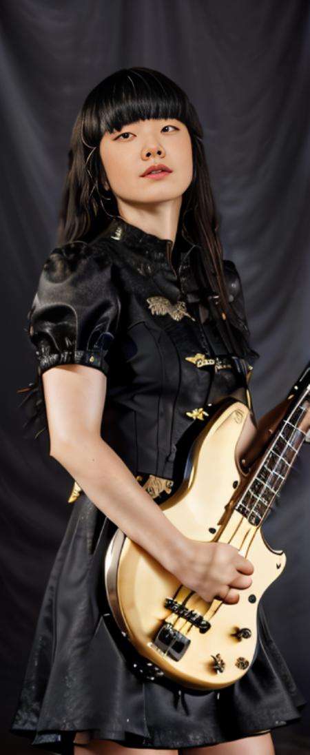 Beautiful woman playing a bass, black dress, with gold decorations, black hair. <lora:MisaV4-15:1>