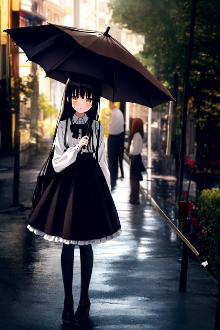 masterpiece,umbrella, long hair, 1girl, skirt, shirt, holding umbrella, pantyhose, holding, white shirt, long sleeves, outdoors, black skirt, bow, solo focus, bangs, yellow eyes, hair bow, frilled skirt, frills, high-waist skirt, collared shirt, black pantyhose, standing