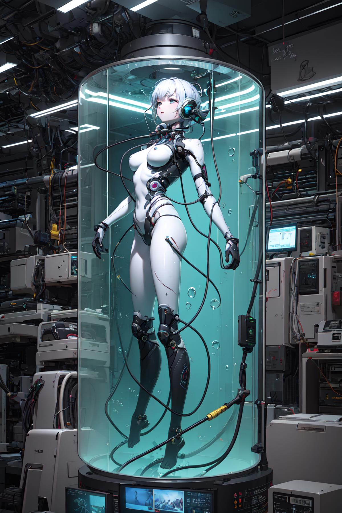 A statue of a robot woman in a glass case, surrounded by electronic equipment.