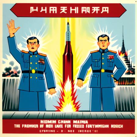 A lively and colorful illustration dominated by a giant missile in the center. The missile stands tall, sleek, and imposing with intricate details on its surface, showcasing its design and structure. On both sides of the missile, two neat rows of people are seen, enthusiastically cheering and celebrating. Their faces are filled with excitement and awe, their hands raised in jubilation. They come from diverse backgrounds, making the scene inclusive and vibrant. The overall atmosphere is one of triumph and unity, with the missile serving as an iconic centerpiece,<lora:oldhkstyle:0.8>, <lora:SovietPunkAI:0.8> sovietpunkai