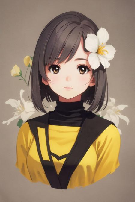 upper body, solo, 1girl, dark grey hair, brown eyes, bright, Solidaster \(flower\), floral background <lora:Mikimoto_haruhiko_style_v02:1>