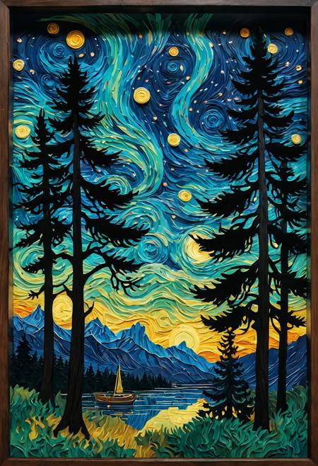 3D papercut shadow box of A living Van Gogh painting, swirling stars and cypress trees morphing into 3D, thick oil brushstrokes moving like liquid, photorealistic textures mixed with impressionism, 8k museum masterpiece . Layered, dimensional, depth, silhouette, shadow, papercut, handmade, high contrast