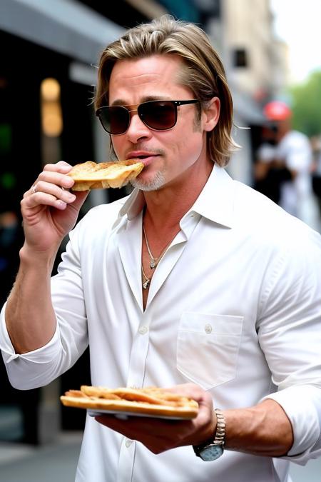 RAW photo, a photo of brapit63 wearing a white shirt and camouflage suit and sunglasses while eating a sandwich, street background, (high detailed skin:1.2), 8k UHD, DSLR, soft lighting, high quality, film grain, Fujifilm XT3