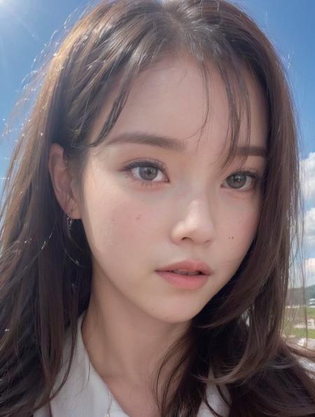 (photorealistic:1.2), realistic, 8k, raw photo, Fujifilm, 1girl, (detailed face:1.0), highres, bangs, realistic eyes, perfect skin, white skin, moist lips, soft lighting, (long hair:1.2), wind, cloud, sunlight, light smile, school uniform, cinematic light, (bangs:1.1), looking at viewers, closed mouth, <lora:iuftw:0.7>