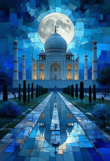 Visualize a serene scene of the Taj Mahal at night, illuminated by moonlight and strategically placed spotlights, rendered as a Cubist stained-glass panorama. The scene is framed by lush gardens and reflecting pools, creating a mesmerizing interplay of light and shadow. The color palette emphasizes deep indigo, silver-grey, creamy white, and charcoal black, amplifying the ethereal and dreamlike quality. Blend photorealistic details â the intricate carvings of the Taj Mahal, the subtle shimmer of the moonlight on the water, the textures of the stone â with the geometric abstraction of Cubism. The overall composition should convey a sense of majesty, mystery, and timeless beauty, emphasizing the dramatic contrast of light and shadow.