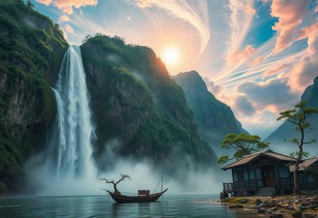 there is a tall waterfall, majestic water fall, the water fall is coming out of a mountain, Chinese mountains, there is moss growing on the mountains, small bonsai trees on the mountain, water mist, sun in the sky, sun behind clouds, water basin at base of cliff, small hut at base of cliff, small hut next to water fall, fishing rack, fishing polls, basket, fishing spot on shore, shore, clouds, swirling, vivid colours, blue, orange, pink, sky, ancient, overgrown, landscapes, intricate details, background colourful, cloud streams, dynamic, vibrant colours, high quality, detailed, realistic, beautiful, extreme detail, hyper realistic, dynamic light, expressive, digital media (artwork), hi res, masterpiece, RAW, photo, 8k, very sharp, very detailed, realistic, real, cinematic view, shaded, detailed shading, shading,