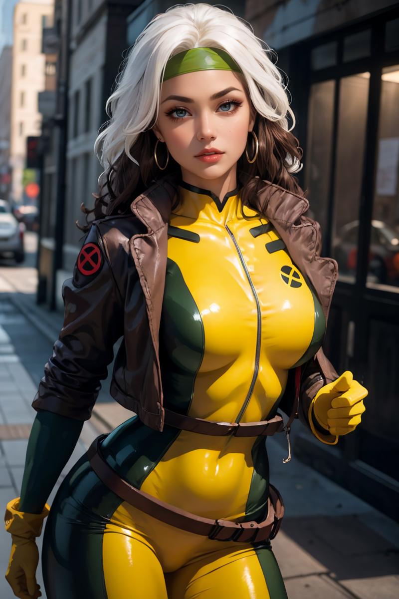 Digital Art of a Female Character in a Yellow and Green Suit with Brown Leather Jacket.